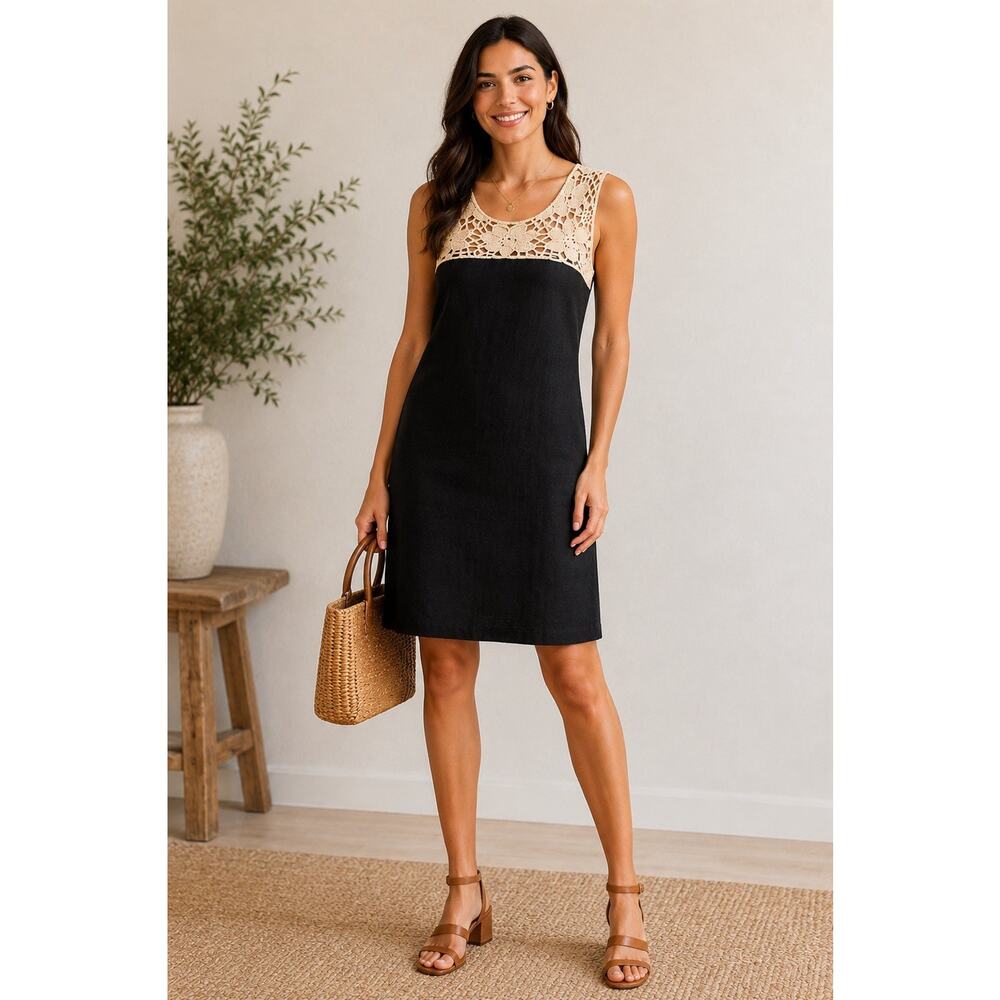 LOFT Ann Taylor Linen Dress Womens 6 Black Sleeveless Shift Sheath Crochet Lace